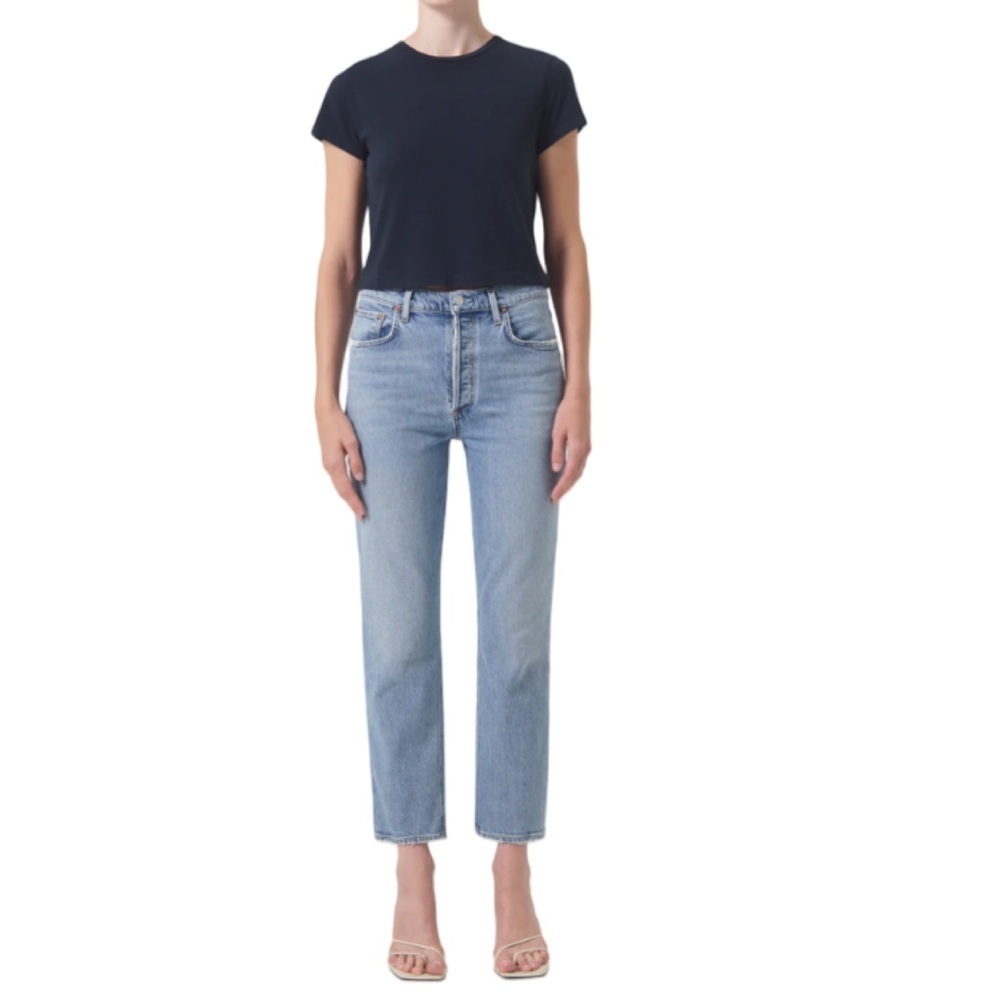 AGOLDE Riley High Rise Slim Straight Crop Light Blue Wash Denim Jean Size 28